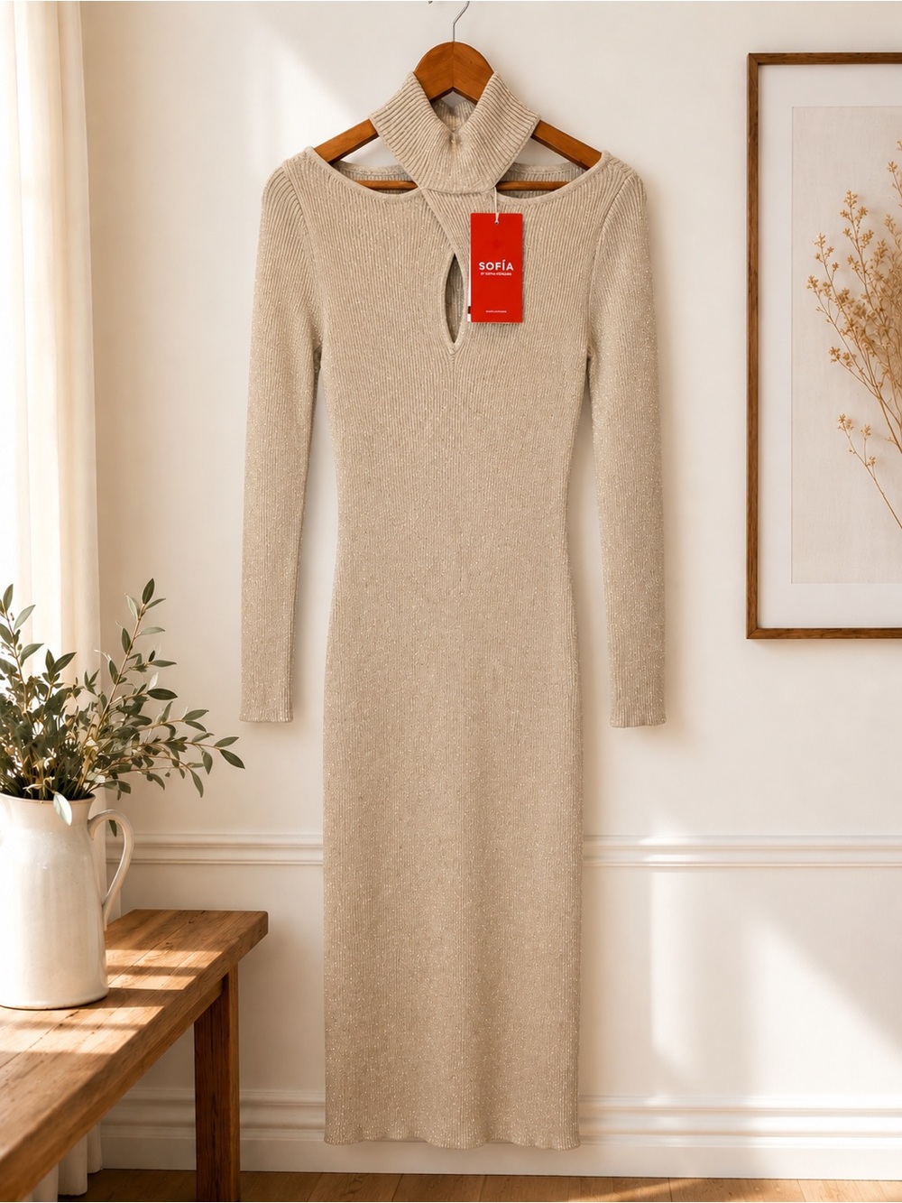 NWT Sofia by Sofia Vergara Cream Luxe Metallic Shimmer Ribbed Sweater Midi